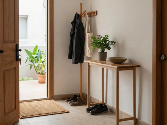 Recibidor de una vivienda con las llaves puestas en la puerta abierta