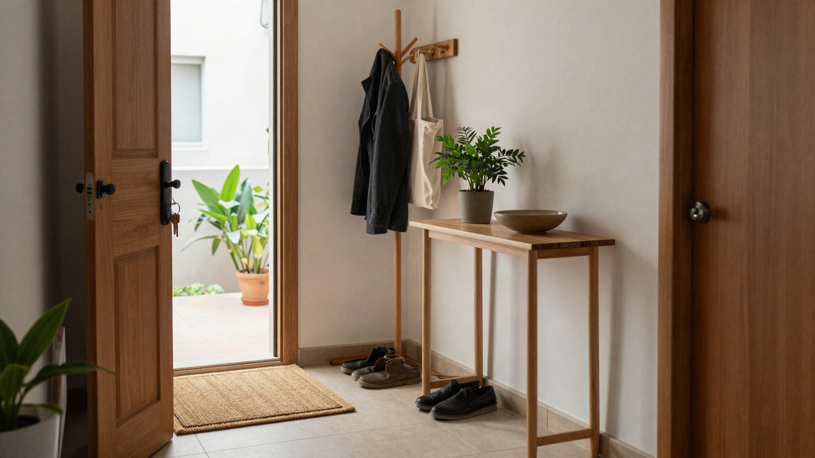Recibidor de una vivienda con las llaves puestas en la puerta abierta