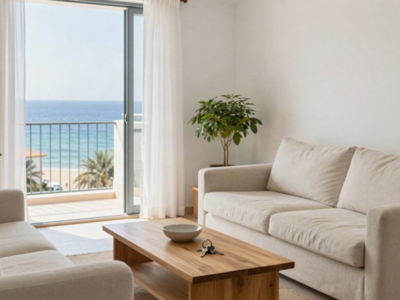 Salón luminoso de un piso junto al mar con las llaves sobre la mesa