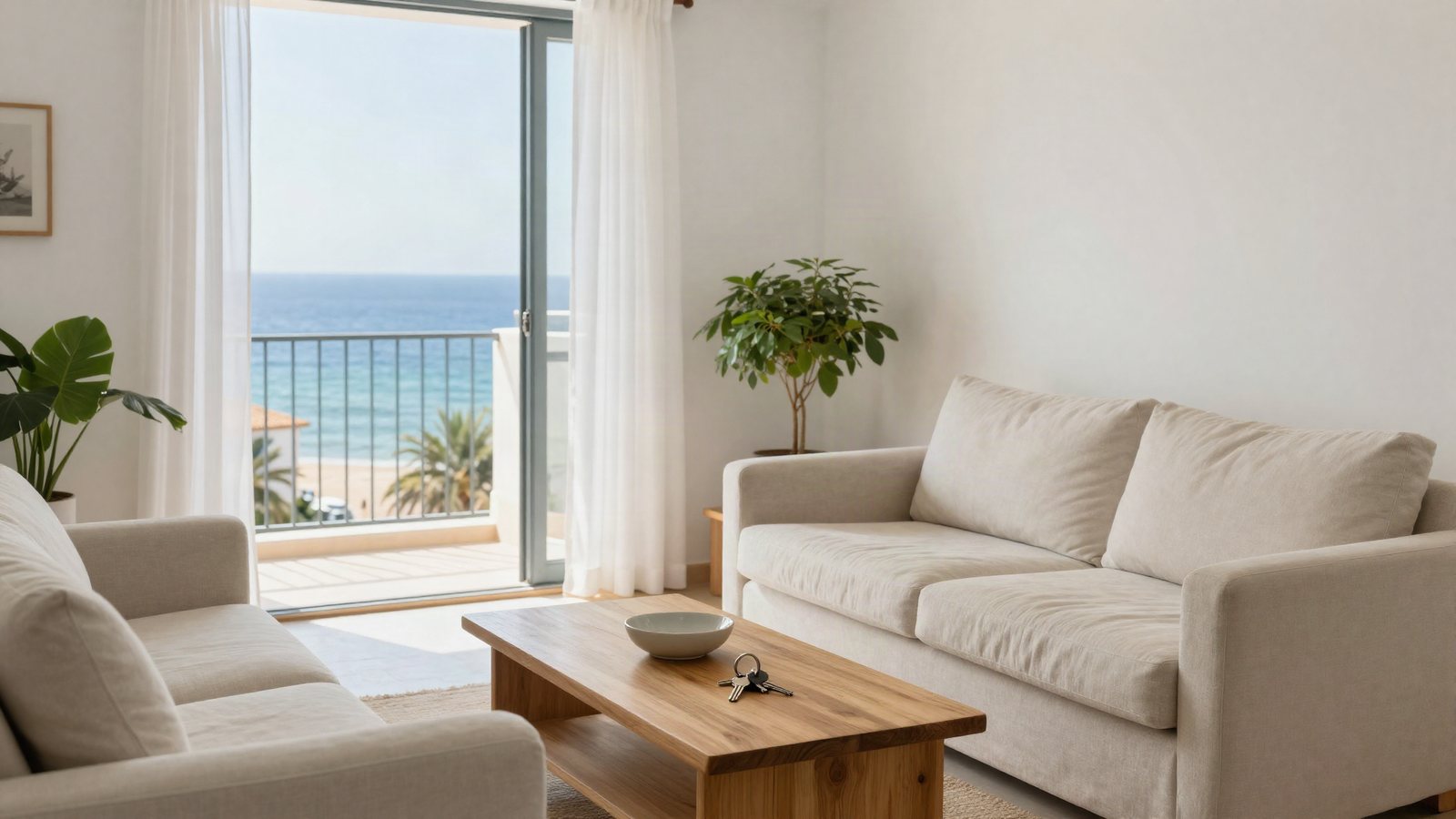 Salón luminoso de un piso junto al mar con las llaves sobre la mesa