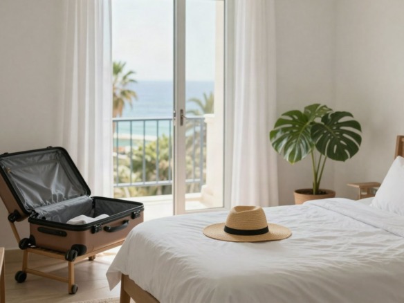 Dormitorio de un apartamento junto al mar con una maleta abierta y las llaves en la mesilla