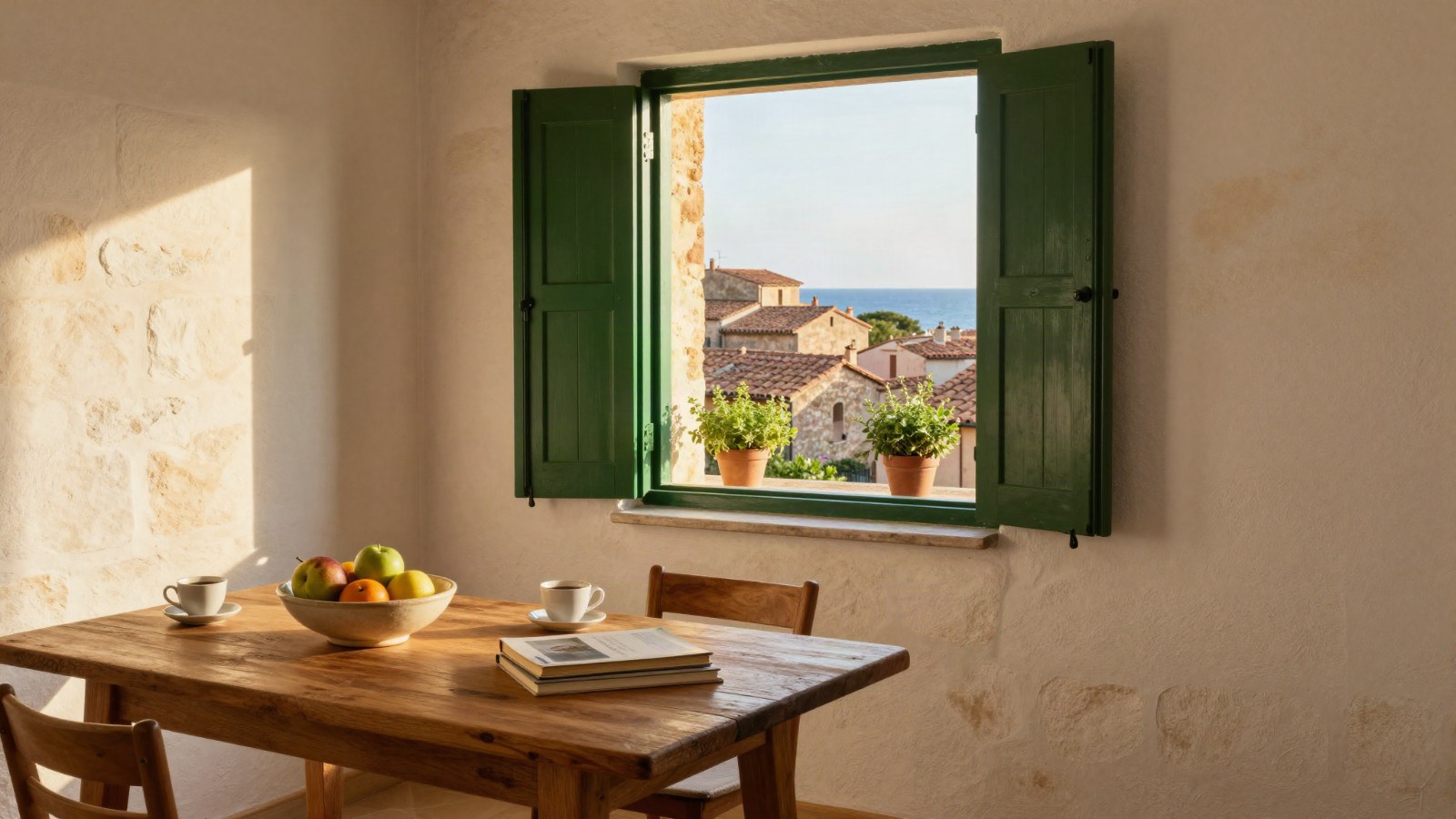 Casas en alquiler en Altafulla para todo el año: comedor de casa de pueblo con ventana a los tejados y al mar