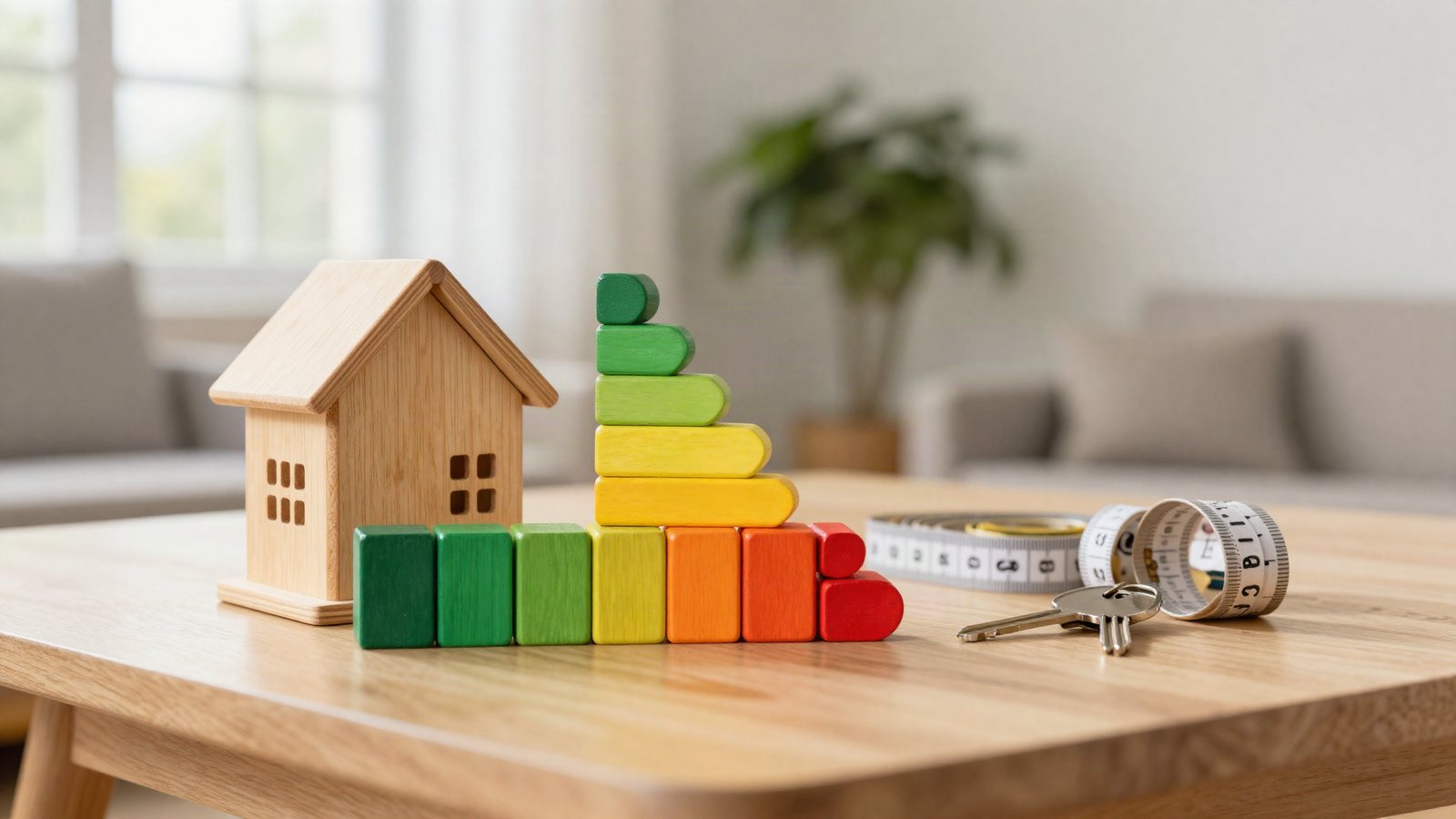 Casita de madera junto a una escala de colores del verde al rojo que representa la eficiencia energética
