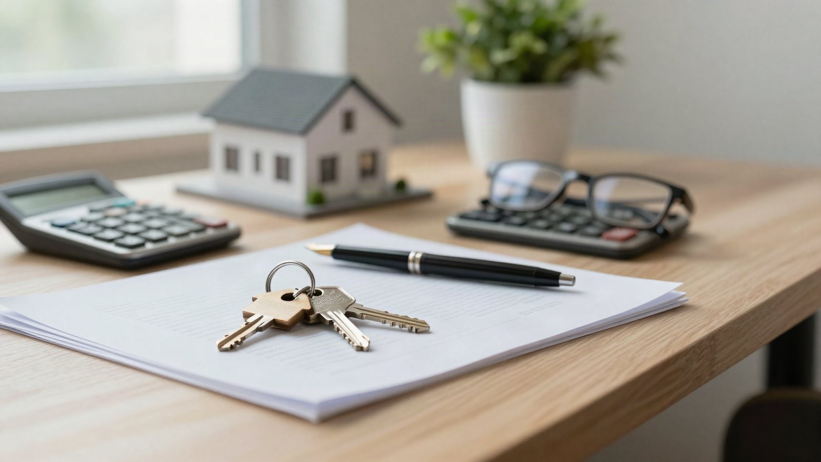 Llaves de una vivienda sobre documentos de compraventa, junto a una calculadora